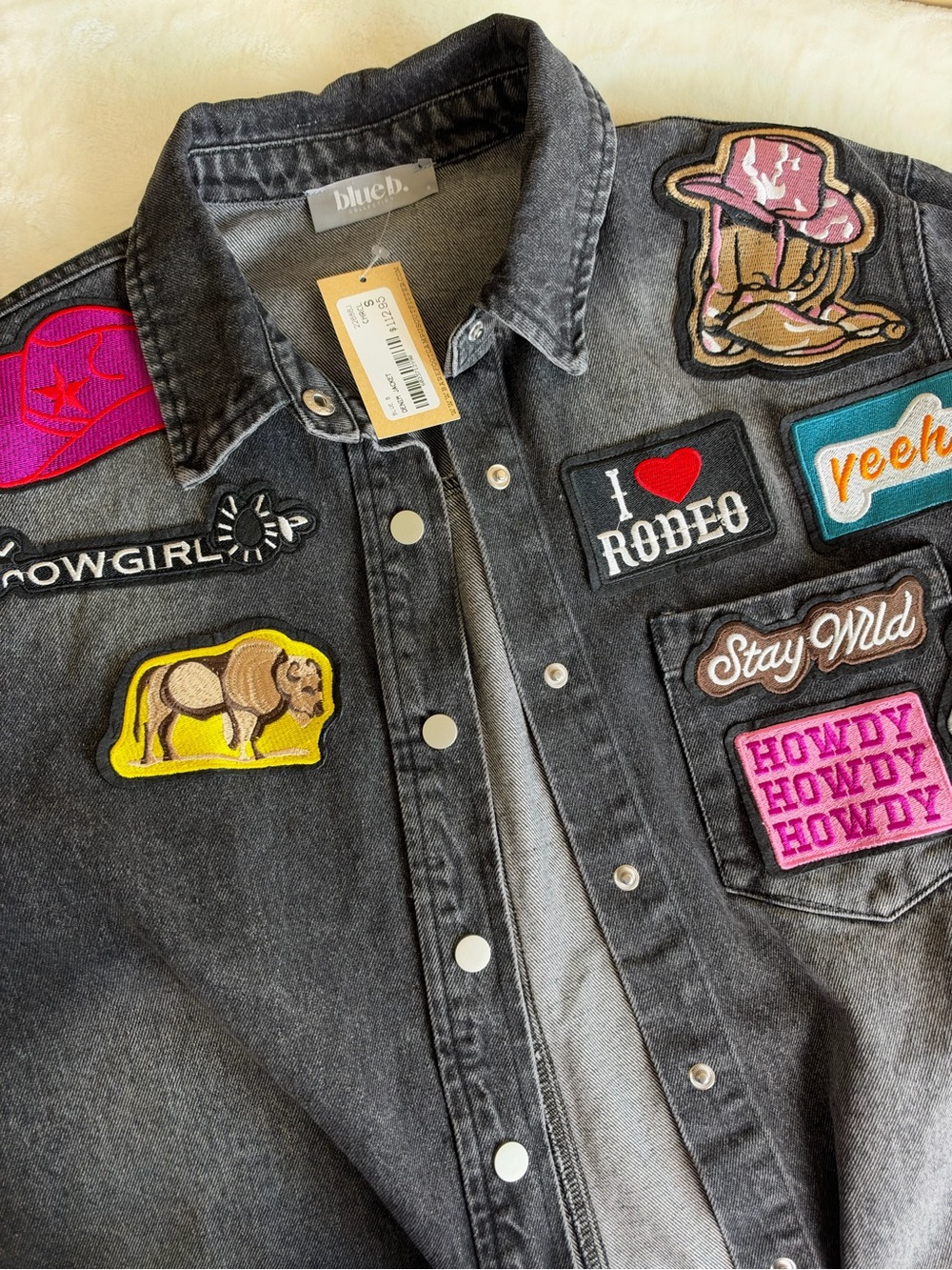 Charcoal Embroidered Patch Denim Jacket Texas Cowgirl Rodeo